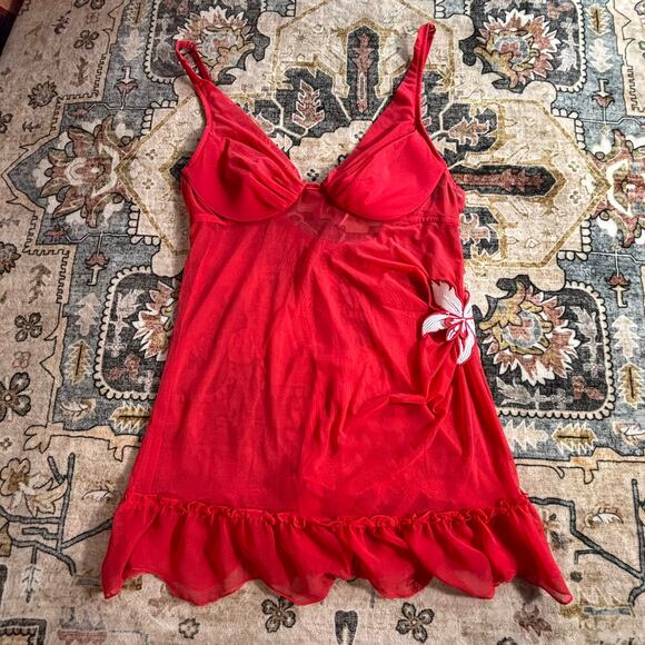 Vintage Victoria's Secret Red Lace Mesh Lingerie Dress Top Size 34B Small Y2k - Picture 1 of 8